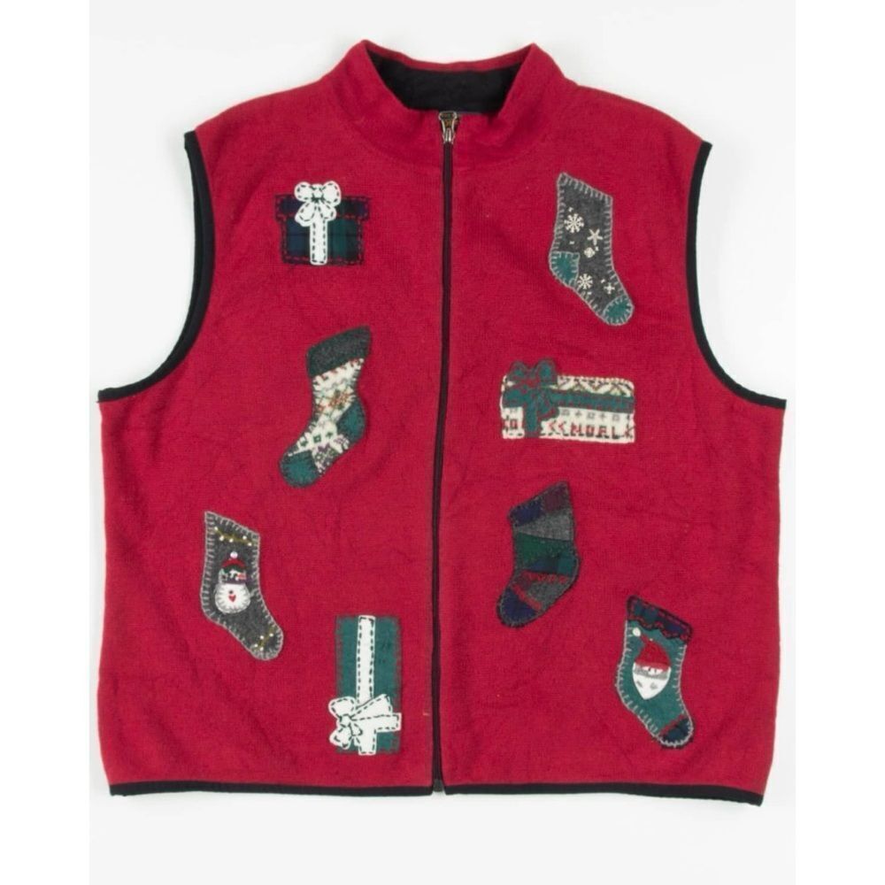 Vtg Woolrich Sweater Vest Red Stocking Applique Christmas Santa Full Zip M